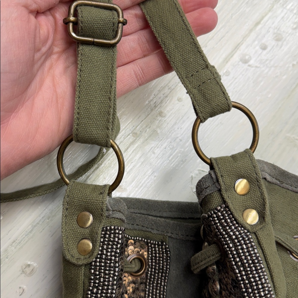 Indie Boho Gold Beaded Olive Leather/Canvas Crossbody Satchel Fringe Drawstring - Picture 9 of 14